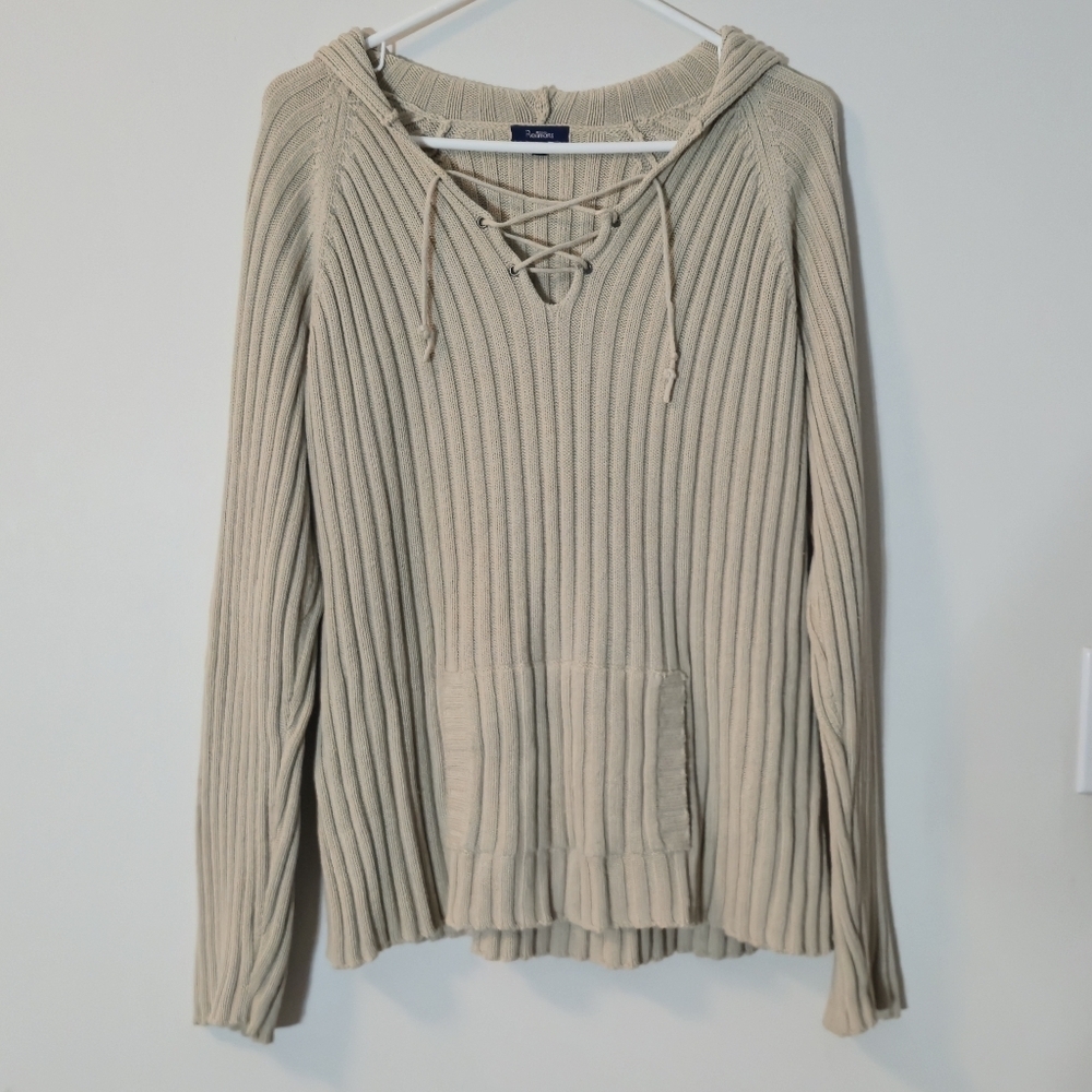 Reitmans XL Chunky Knit Lace Up Hoodie Sweater Oatmeal Beige